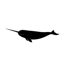 Black silhouette of a narwhal, a unique arctic whale with a long tusk, swimming horizontally against a white background. © Maulana