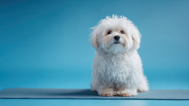 Adorable fluffy white dog sitting on yoga mat against blue background, exuding playful and cheerful demeanor. This charming pet captures attention with its soft fur and bright expression