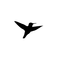 Black silhouette of a hummingbird in flight against a white background.