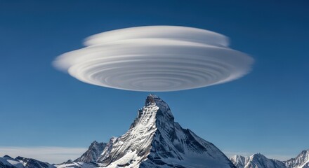 Scenic mountain with lenticular cloud formation against blue sky.