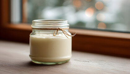 A jar of cream sitting on a table, possibly used for baking or cooking