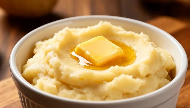 Smooth mashed potatoes with melted butter in bowl, comfort food closeup