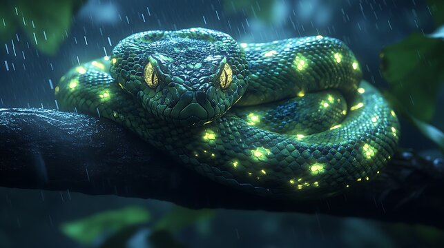 Emerald tree boa in the rain high resolution image