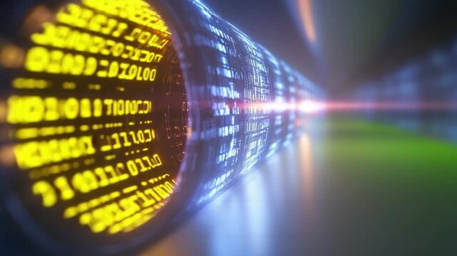 Digital Tunnel of Data: A captivating visual of a digital tunnel, formed by streams of binary code in a vibrant, futuristic style, signifying the flow of information and technology.