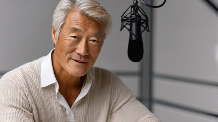 Confident mature Korean man with gray hair smiling warmly in modern recording studio, wearing light sweater, professional atmosphere