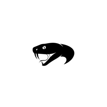 Striking black silhouette of a snake's head with visible fangs and an open mouth, against a clean white background.