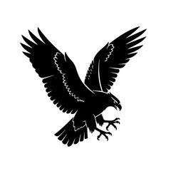 Obraz premium Black silhouette of an eagle with wings spread wide, captured in a powerful and dynamic pose against a white background.