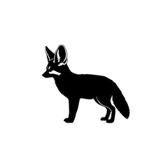 Black silhouette of a fennec fox with large ears standing sideways on a white background.