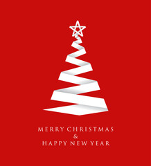 Minimalist Christmas design featuring a white ribbon-style tree with a star on a bold red background.