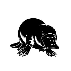 Black and white illustration of a platypus, a unique semi-aquatic mammal native to eastern Australia, with its distinctive duck-bill and webbed feet.
