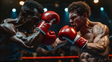 Intense showdown as two boxers fiercely battle in the ring for victory and ultimate glory
