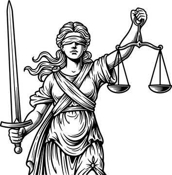 Engraved Lady Justice Vector Illustration, Detailed Black and White Line Art Drawing of Themis Holding the Scales and Sword for Law and Judicial System