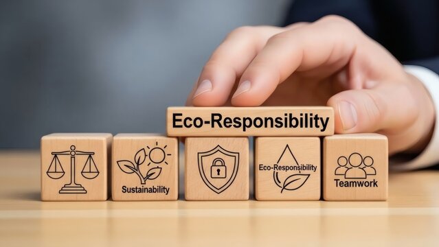 Corporate sustainability concept. Eco-Responsibility label with sustainability, security, and teamwork wooden icons.