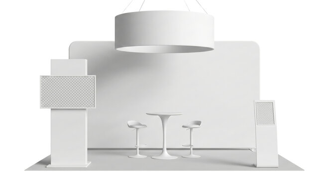 Minimalist all-white exhibition booth mockup with blank space display features