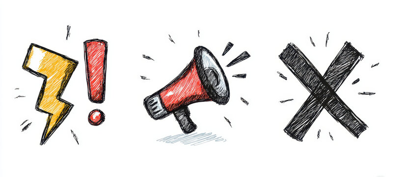 Hand drawn vector icons featuring lightning bolt, exclamation mark, and megaphone, conveying urgency and attention. These elements are ideal for web design and communication purposes