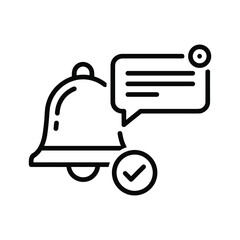 Notification bell with speech bubble and checkmark isolated on white background