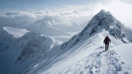High-Risk Solo Climber on Snowy Ice Mountain Wall Winter Season