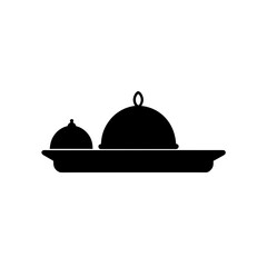Silhouette of two covered dishes on a serving tray on transparent background
