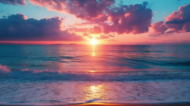 Colorful tropical ocean sunset with vibrant sky, dramatic clouds, and gentle waves on a serene sandy beach.