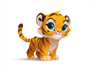 Cute cartoon tiger cub with big eyes, showcasing playful expression and vibrant orange fur. This adorable character is perfect for children illustrations and animations