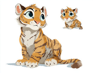 Cute cartoon tiger cub with big eyes, showcasing playful and adorable expression. This illustration captures charm and innocence of young tiger, making it perfect for children content