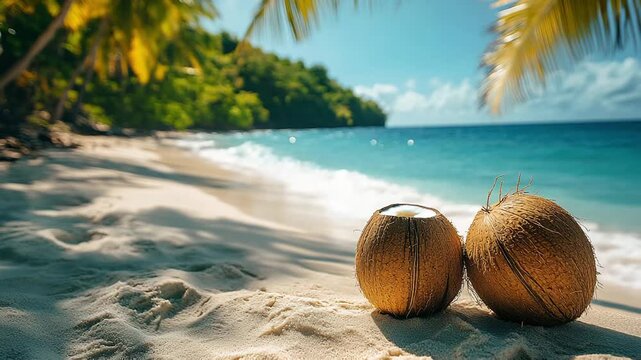 Tropical beach paradise with fresh coconuts on white sand under blue sky and palm trees.