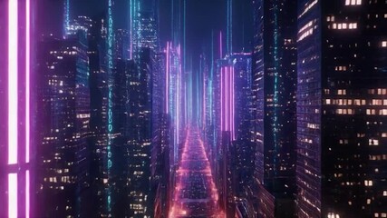 Illuminated digital metropolis street canyon with flowing binary code streams - Powered by Adobe