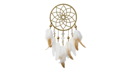 Small golden dreamcatcher with white feather isolated on transparent background