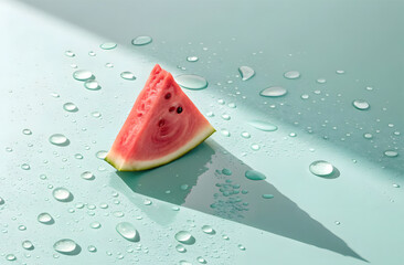 Refreshing Watermelon Slice: A juicy slice of watermelon, glistening with refreshing water droplets, sits in the radiant sunshine, evoking summer delight.