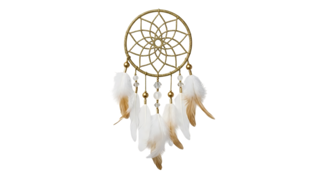 Small golden dreamcatcher with white feather isolated on transparent background