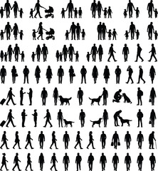 Seamless vector pattern of diverse human silhouettes, families, couples, walkers, pedestrians, children, seniors, and dogs for urban lifestyle design background