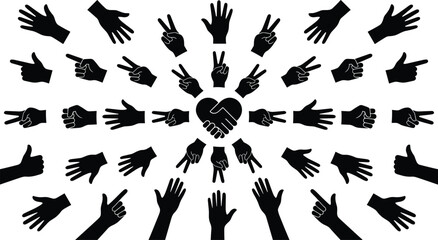 Hand gesture icons vector set, diverse silhouettes arranged radial pattern with handshake heart center, communication, unity, peace symbols black minimalist