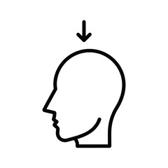 Black and white line icon representing pressure or impact on the top of a human head profile, isolated on