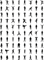 Set of diverse human silhouettes in various poses for dance, fitness, sports, business, casual and action vector icon collection pack
