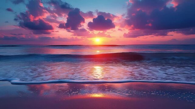 Vibrant tropical sunset over calm ocean waves and reflective wet sand beach at dusk, dramatic sky scene