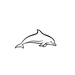 Simple black and white line art illustration of a dolphin swimming gracefully, depicting its sleek form and friendly appearance in a minimalist style.