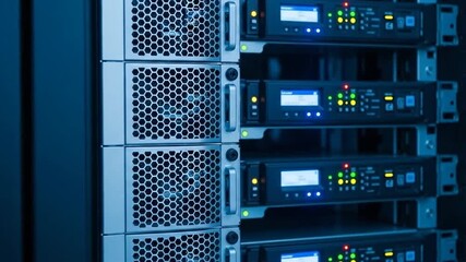4K Footage of a modern data center with rows of rack-mounted servers processing digital information for cloud computing and network infrastructure - Powered by Adobe