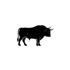 A black silhouette of a powerful bull standing sideways on a white background, showcasing its strong build and horns.