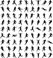 Vector set of dynamic soccer player silhouettes in action showing kicks, runs, saves, dribbling, passing, and goal celebrations for sports