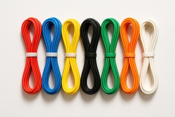 Colorful rubber cables arranged neatly, showcasing vibrant hues of red, blue, yellow, black, green, orange, and white. Concept of organization, creativity, and technology in design.