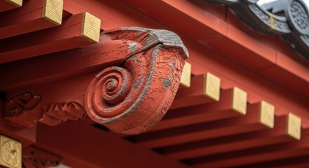 Ornate wooden architecture of traditional japanese temple roof