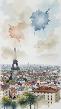 Watercolor Painting of Paris Cityscape Featuring the Eiffel Tower and French Architecture