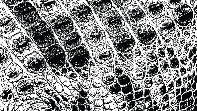 High-contrast black and white crocodile and alligator skin texture illustration showing detailed reptile scales, distressed leather pattern, seamless vector background