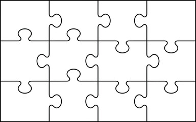 Blank Rectangular Jigsaw Puzzle Template with Sixteen Interlocking Pieces Clean Outline Vector Layout for Design Mockups Education Games and Creativity Projects