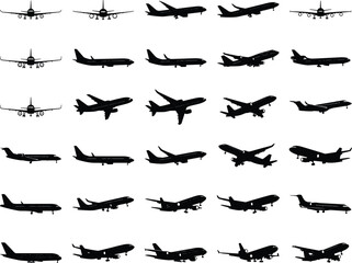 Collection of Thirty Black Airplane Silhouettes Showing Multiple Angles Takeoff Landing Side Front Top View Vector Icons Editable Minimalist Layout