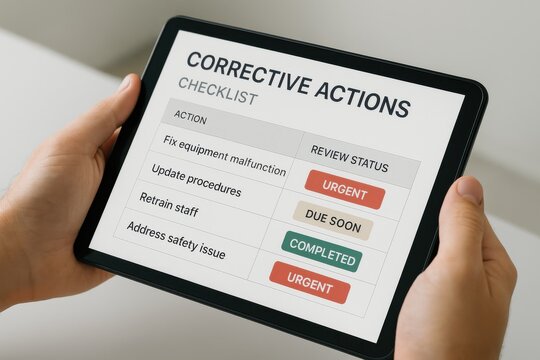 Individual reviewing a corrective actions checklist on a tablet, focusing on urgent tasks related to safety and equipment management. Concept of operational efficiency and proactive problem-solving.