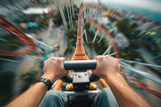 Amusement Park Roller Coaster POV during Fast Vertical Drop - Powered by Adobe