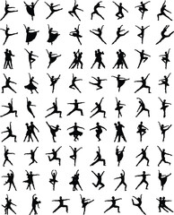 Large collection of diverse black dance silhouettes in vector format showcasing ballet, modern and partner poses for creative design projects