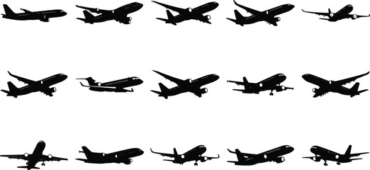 Black airplane silhouette vector set featuring commercial jet outlines in flight takeoff and landing versatile icons for aviation designer projects