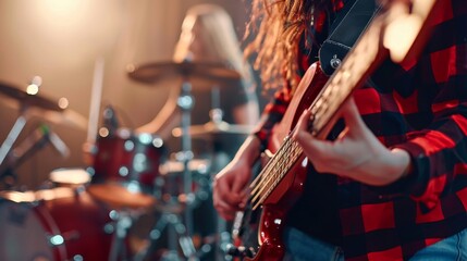 Dynamic rock band performance close up of guitarist with bass and drummer on stage